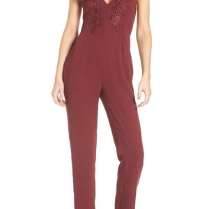 Leith Burgundy Lace Embroidered V-Neck Jumpsuit